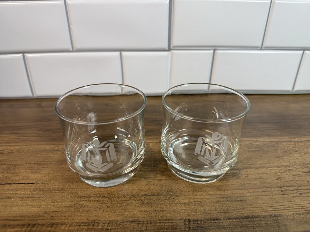 Vintage Monogram M Etched Crown Whiskey Glasses Set of 2 Lowball Tumbler